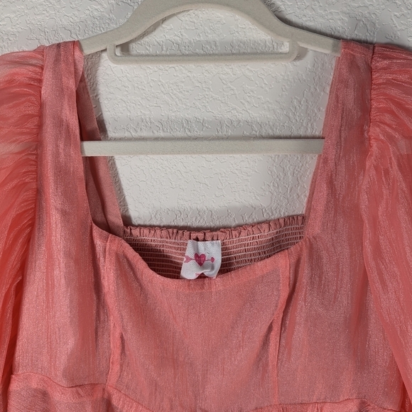 Buddy Love Coral Sheer Baby Doll Flirty Puff Sleeve Mini Fairycore Dress Size S - Picture 8 of 9
